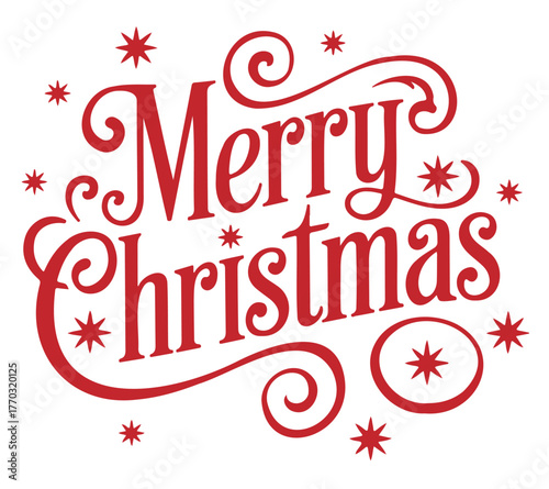 Festive red calligraphy design with the words 'Merry Christmas' and decorative star accents.