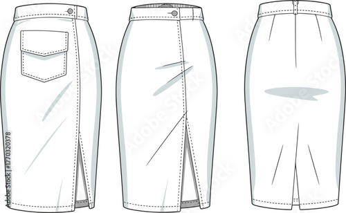 Vector illustration of pencil skirt with patch pocket, front and back slit, and waistband detail for fashion, garment, and clothing design