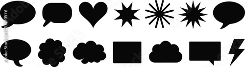 Speech bubbles, cloud icons, starburst shapes, heart, lightning bolt, silhouette symbols, graphic design elements, comic style, UI assets, black vector icons, communication tools