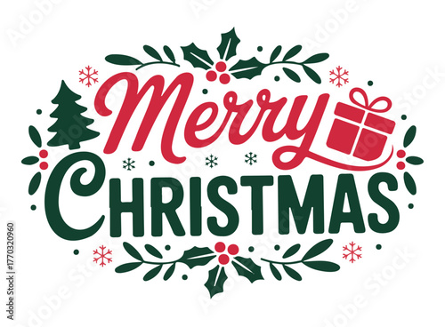 Merry Christmas text with festive decorations including a Christmas tree and gift box.