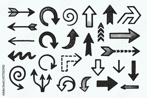 Black And White Seamless Sketchy arrow Elements, Line art, Pattern Sketch Style Isolated. Set Hand Drawn Doodle icon arrows And cursor Illustration In Engraving Style, scribble, strokes