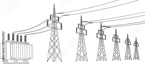 Transformer and transmission tower illustration, high-voltage power line vector, electricity infrastructure drawing, black and white engineering graphic, energy distribution system design