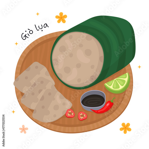 Traditional Vietnamese pork sausage (gio lua), a traditional Lunar New Year dish. Sausage wrapped in banana leaf and sausage pieces on a tray. Asian traditional dish, illustration on white background.