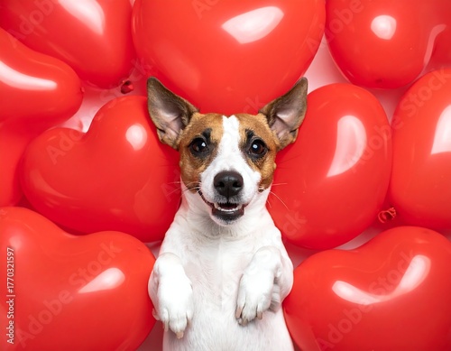 Happy dog, embraced by red heart-shaped balloons, smiles at viewer