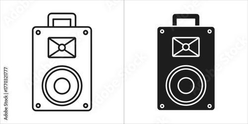 Two speaker icons, one black and white outline, the other solid black