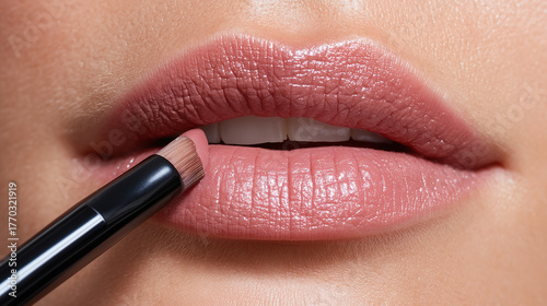 Close up of soft pink lips as lip brush gently blends lipstick, highlighting smooth skin texture and natural beauty in calm, elegant style