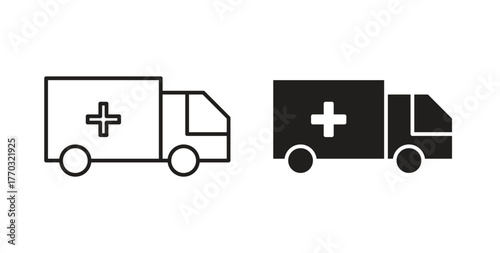 Ambulance icon with line and silhouette versions.