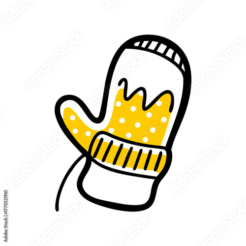 Yellow polka dot mitten with striped cuffs on white background  