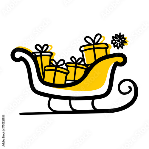 Sleigh filled with colorful gifts and decorative flower for Christmas icon  