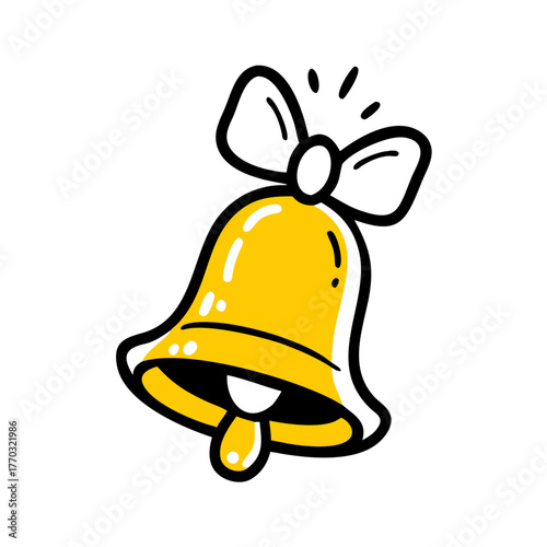 Decorative yellow bell with bow and jingle for Christmas icon  