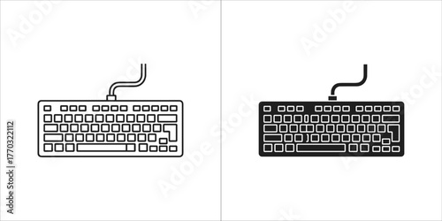 Computer keyboard with cable in outline and solid black icon on