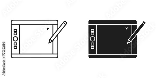 Outline and solid black graphic design tablet with stylus