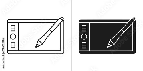 Graphic design drawing tablet and stylus, outline and solid icon set