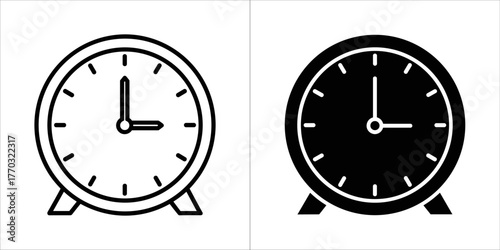 Two alarm clocks, one in outline and one in black silhouette
