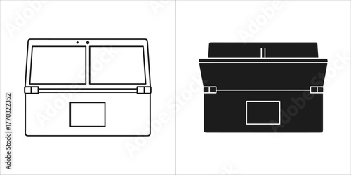 Modern dual screen laptop computer in outline and solid black icon on