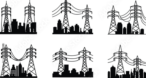 Transmission tower silhouette set, urban skyline vector, high-voltage power lines, electricity infrastructure illustration, black and white cityscape, engineering utility design elements