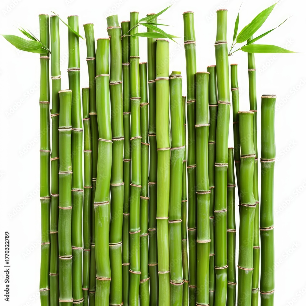 Fototapeta premium Fresh green bamboo stalks of different heights and widths standing upright against a clean white background