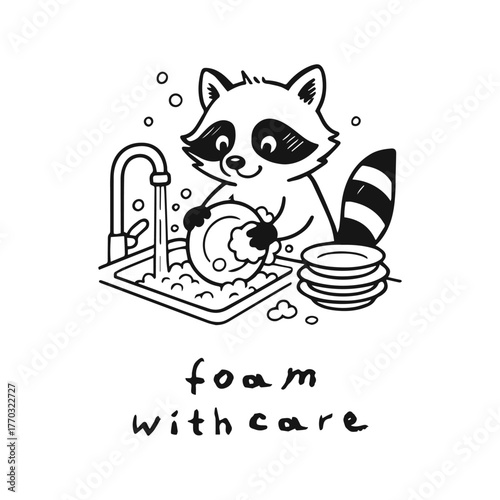 Cartoon raccoon washing dishes with bubbles, vector