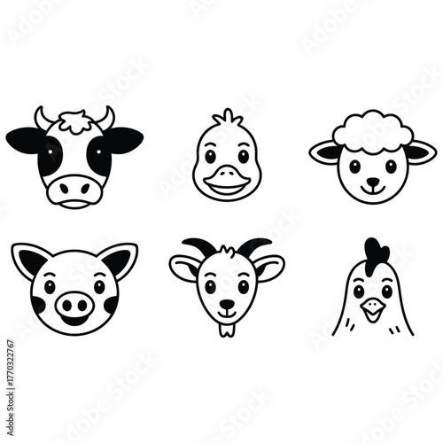 Charming farm animal faces collection cow pig duck sheep goat chicken playful livestock