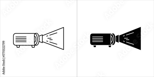 Two icons of a projector emitting light, one outline and one filled