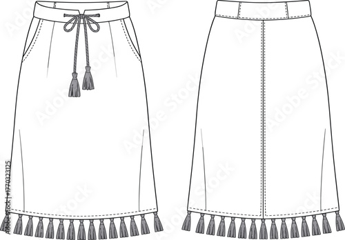 Vector illustration of straight skirt with drawstring waistband, tassel trim, and side pockets for fashion design, garment construction, and style concept