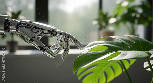 Robot Hand Touching Green Monstera Leaf in a Modern Home Environment