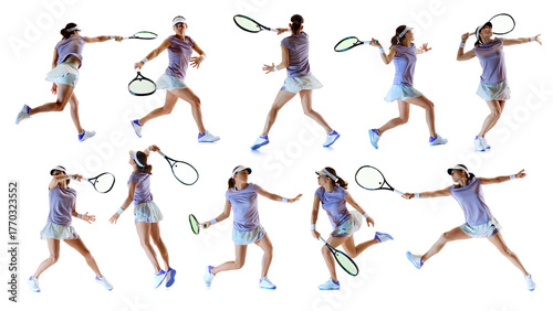 Collage of female tennis player performing dynamic strokes in motion sequence isolated on white background. Concept of professional sport, speed, agility, training, and determination.