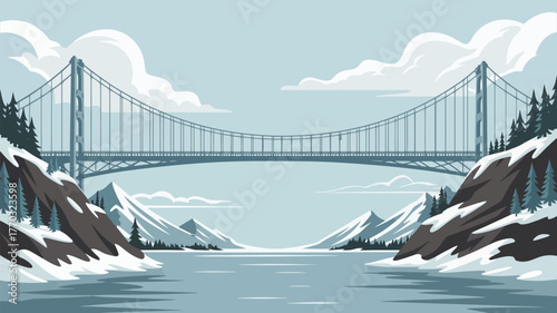 A suspension bridge spans across a body of water with mountains and trees in a winter landscape view