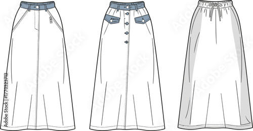 Vector illustration of three skirt styles with waistband, pockets, button, zipper, and drawstring details for fashion, garment, and clothing design