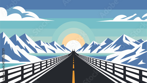 A long road ahead with mountains and sun in the background on a bright day with clouds in the sky