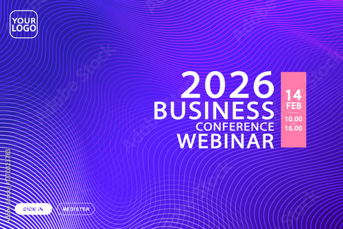 An abstract landing page template for a tech conference or webinar. This futuristic design features complex wavy contour lines, registration buttons, and a vibrant blue-purple gradient background.