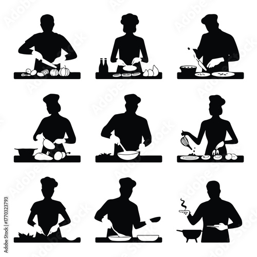 Silhouettes of chefs cooking different dishes