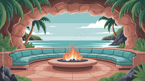 A tropical patio with a fire pit and ocean view featuring palm trees and a built in sofa area decor