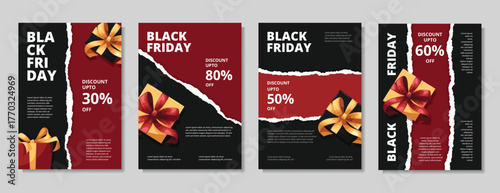 Black Friday banner template. Set of design templates for a Black Friday sale, promotion, advertising, or social media ad with red ribbon, gift box, stars, and a discount offer.