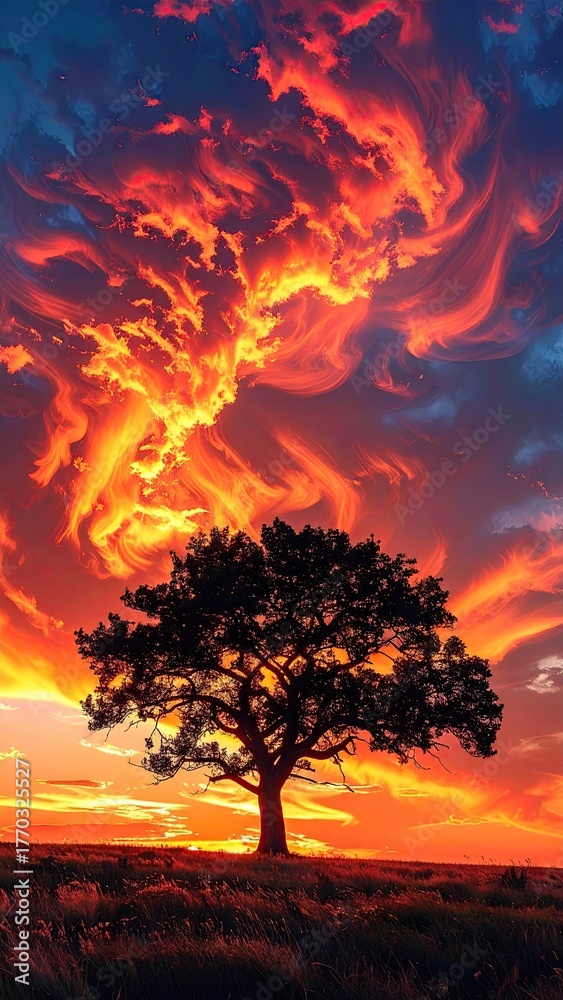 Fototapeta premium Fiery Sunset Landscape with Silhouetted Tree