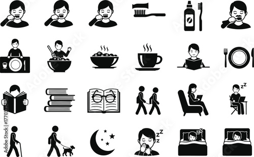 Collection of simple black and white icons depicting daily routines and activities isolated on transparent background