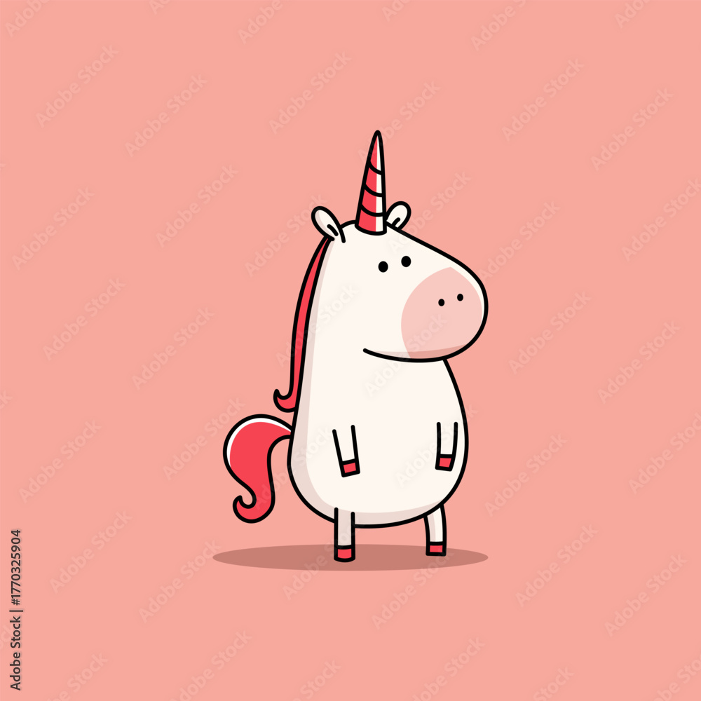 Naklejka premium A cute, chubby, funny unicorn stands on two legs against a red background. Vector illustration in a simple, childlike style. Vector illustration