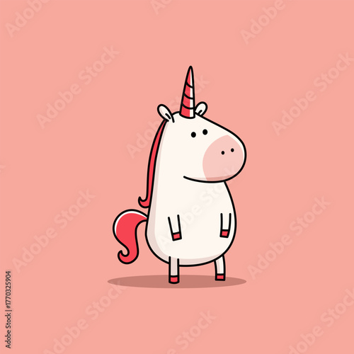 A cute, chubby, funny unicorn stands on two legs against a red background. Vector illustration in a simple, childlike style. Vector illustration
