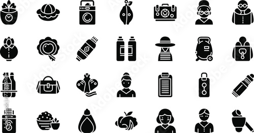 Collection of diverse black silhouette icons representing various objects and figures isolated on transparent background