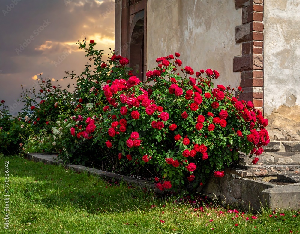 Fototapeta premium Lush red rose bushes bloom vibrantly against a textured wall and an open doorway. The sunset casts a golden glow
