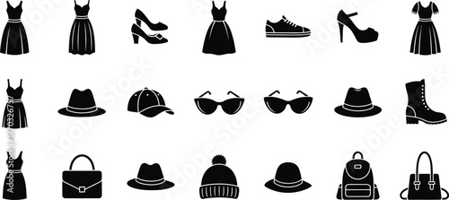 Collection of black fashion clothing and accessories for women isolated on transparent background