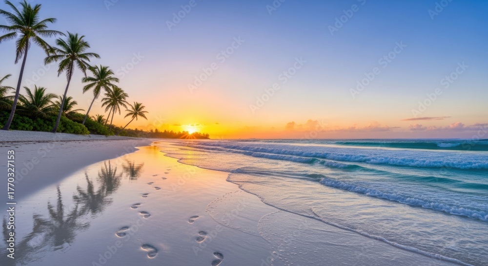 Fototapeta premium Tranquil tropical sunrise paints the sky with vibrant hues over a serene beach, palm trees casting reflections on wet sand with gentle waves rolling in.