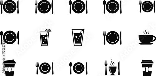 Collection of food and drink icons representing meals and beverages isolated on transparent background