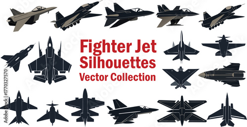 Vector Collection of Military Fighter Jet Aircraft Silhouettes and Icons
