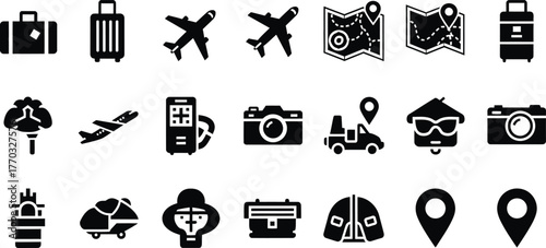 Collection of travel and vacation icons including luggage airplanes maps cameras and destinations isolated on transparent background