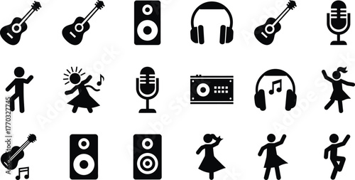 Collection of music and dance related icons including guitars microphones speakers headphones and dancing figures isolated on transparent background