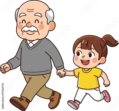 Cartoon elderly man walking with young girl, joyful family bonding vector for caregiving, generational love, children’s media, and emotional content