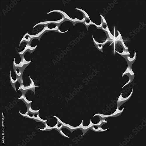 chrome metal of y2k tribal sigilism tatto. Flame shape in liquid mercury. 3d illustration of abstract neo tribal cyber sigil metallic melted modern burn form, design element. 3D Illustration