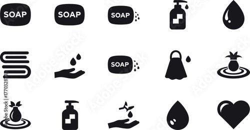 Collection of hygiene and cleanliness icons including soap bars liquid soap dispenser hand washing towel and water drops isolated on transparent background