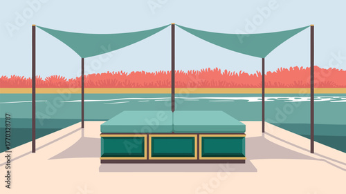 Outdoor lounge area with canopy and water view in a stylized illustration landscape design style